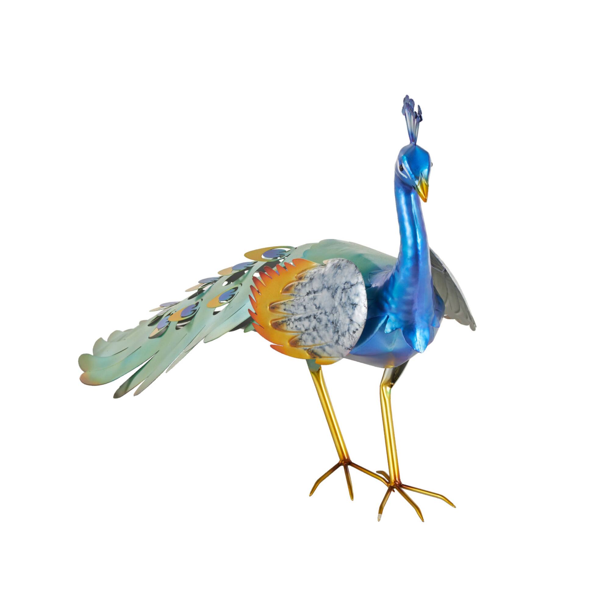 Blue Metal Peacock Decorative Garden Sculpture with Gold Legs and Teal Wings